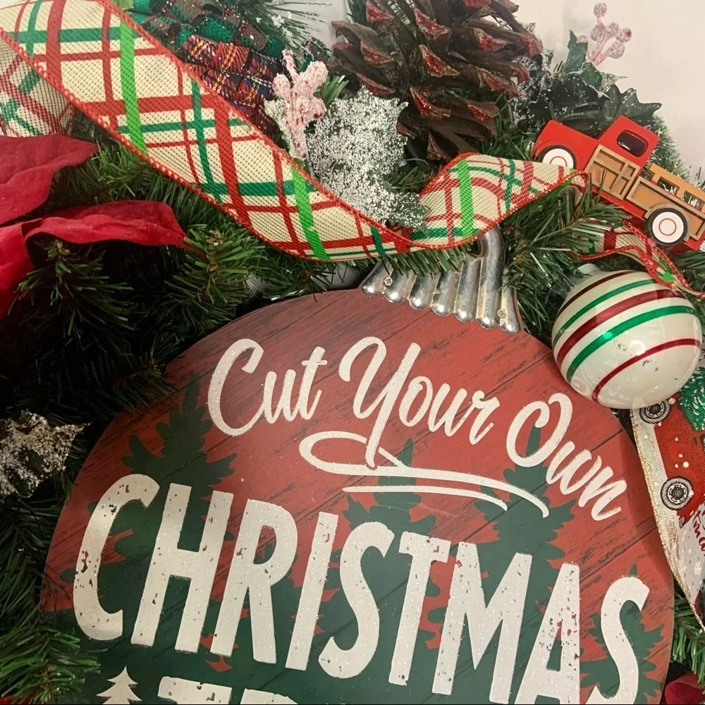 New Floral Rustic Christmas Farmhouse Pine Wreath Red Truck Trees Sign